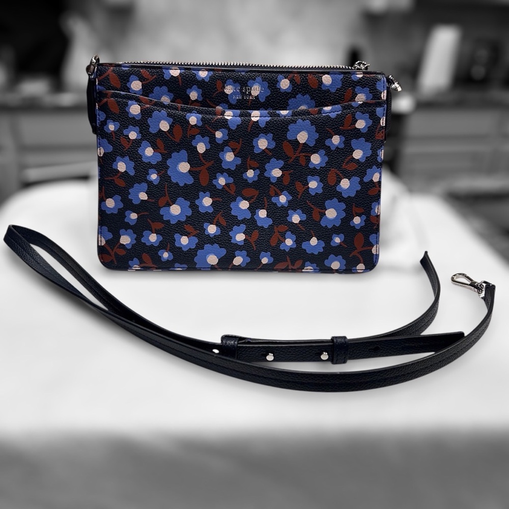 Kate Spade New York Margaux Floral Leather Crossbody/Clutch Navy Blue
